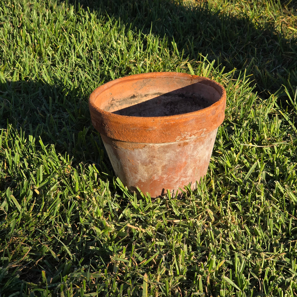 Vtg Terracotta Planter Flat Rimmed Clay Pot Aged Heavy Patina Garden 8.5" x 7.5"