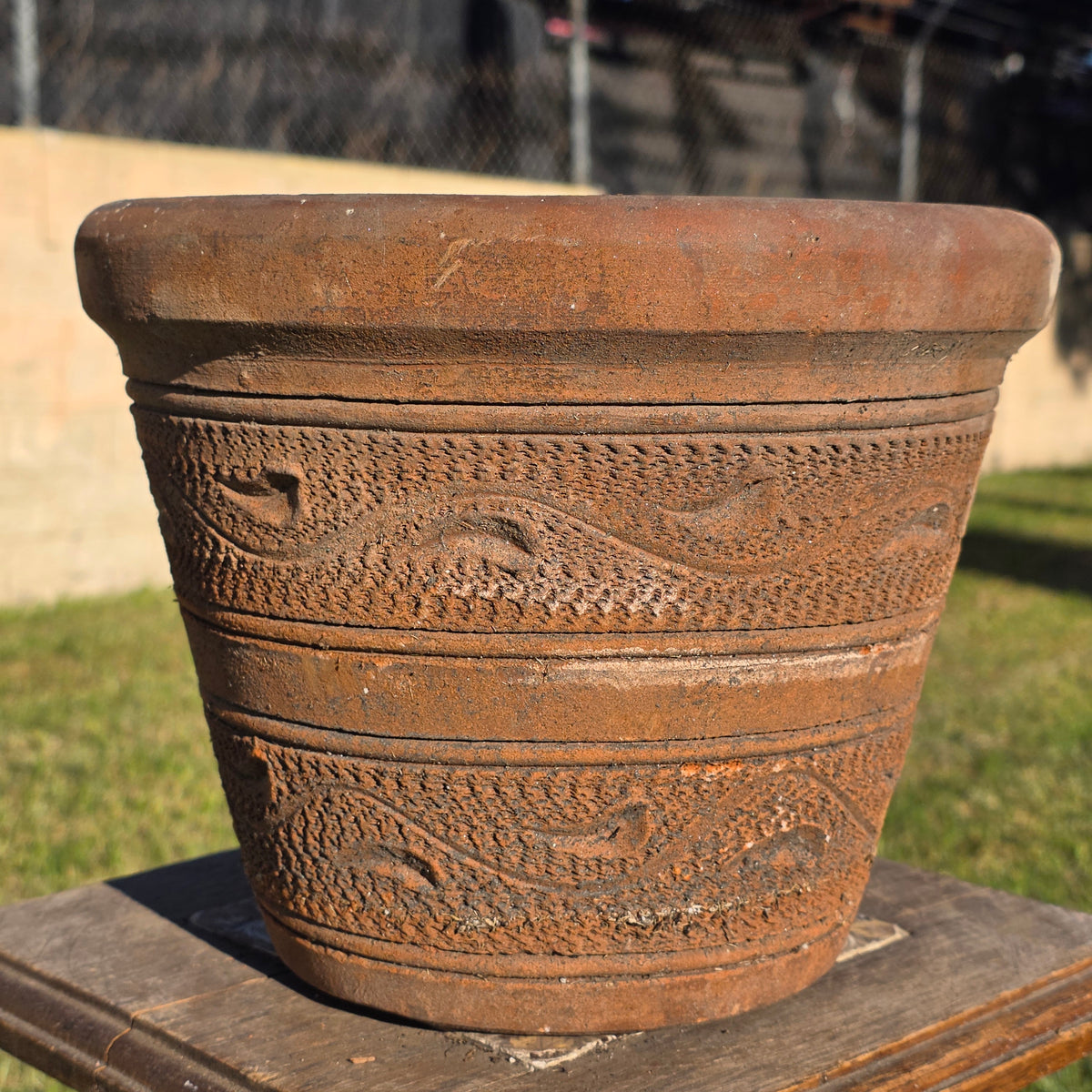 Vintage Mexican Terracotta Planter Pot Wave Textured Clay Flower 10" x 8" Old