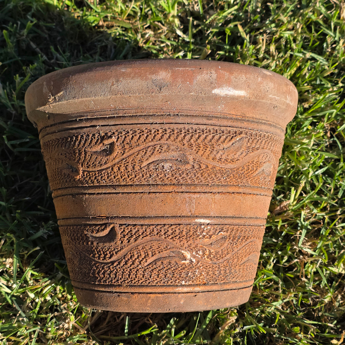Vintage Mexican Terracotta Planter Pot Wave Textured Clay Flower 10" x 8" Old