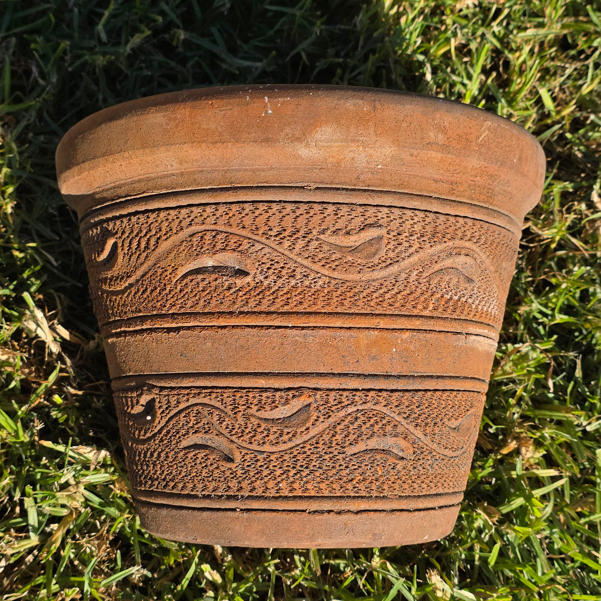 Vintage Mexican Terracotta Planter Pot Wave Textured Clay Flower 10" x 8" Old