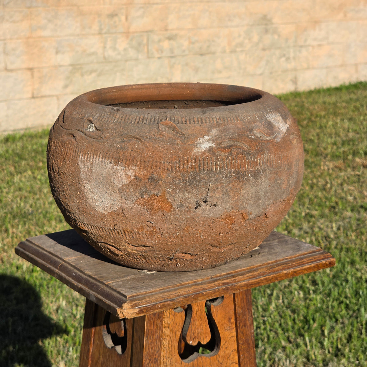 Vtg Mexican Style Terracotta Bowl Planter 11" Clay Wave Totem Garden Pot Heavy