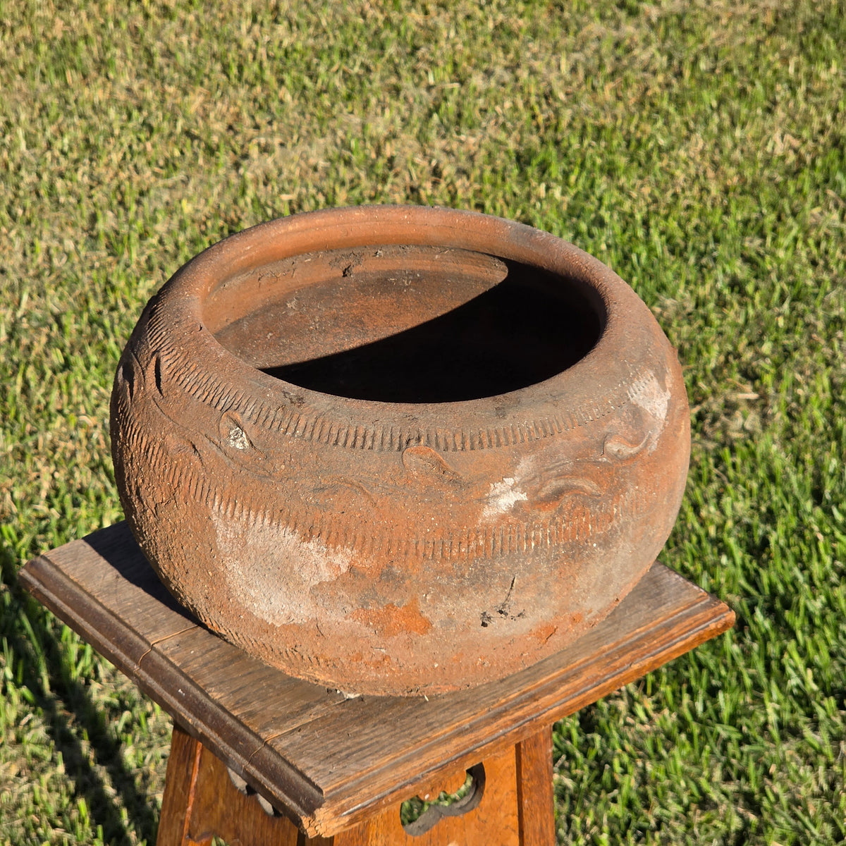 Vtg Mexican Style Terracotta Bowl Planter 11" Clay Wave Totem Garden Pot Heavy