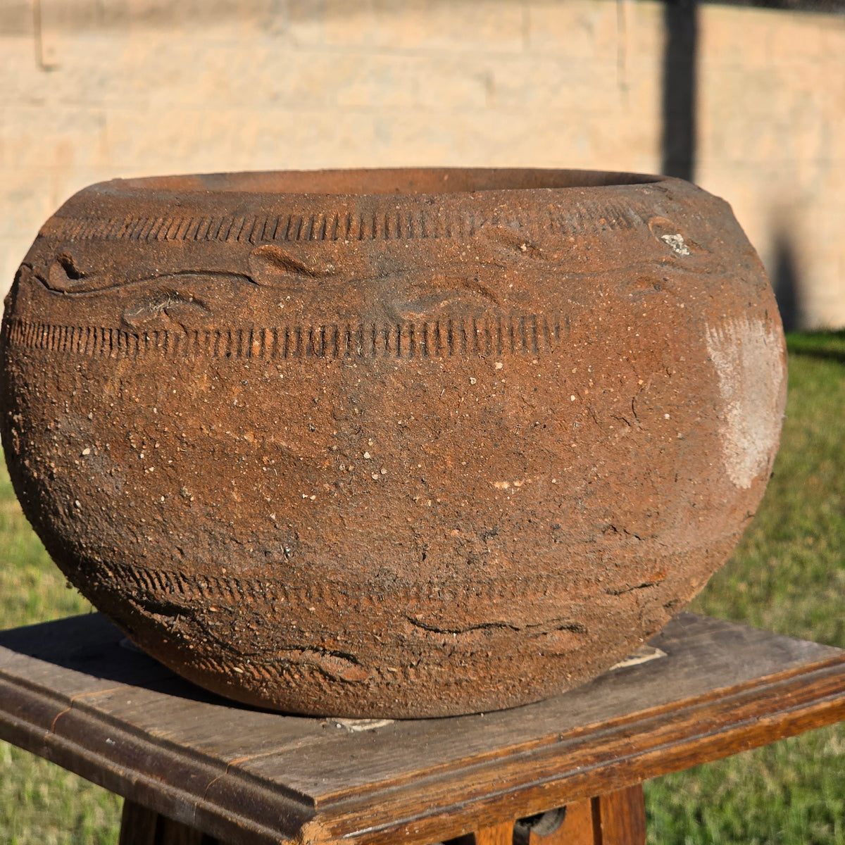 Vtg Mexican Style Terracotta Bowl Planter 11" Clay Wave Totem Garden Pot Heavy