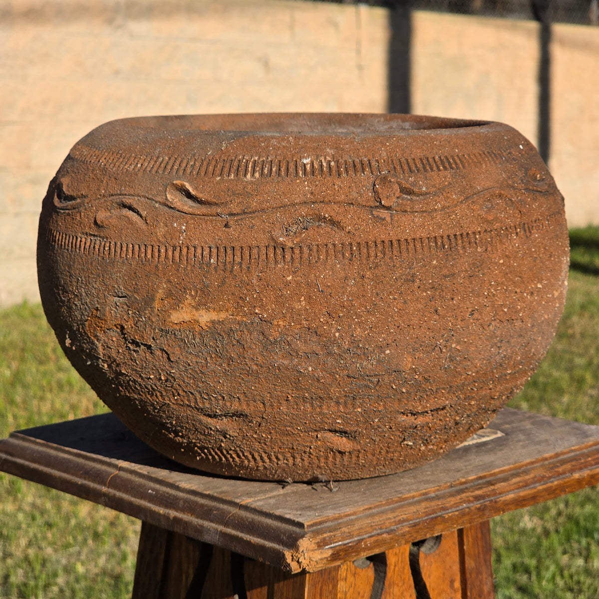 Vtg Mexican Style Terracotta Bowl Planter 11" Clay Wave Totem Garden Pot Heavy