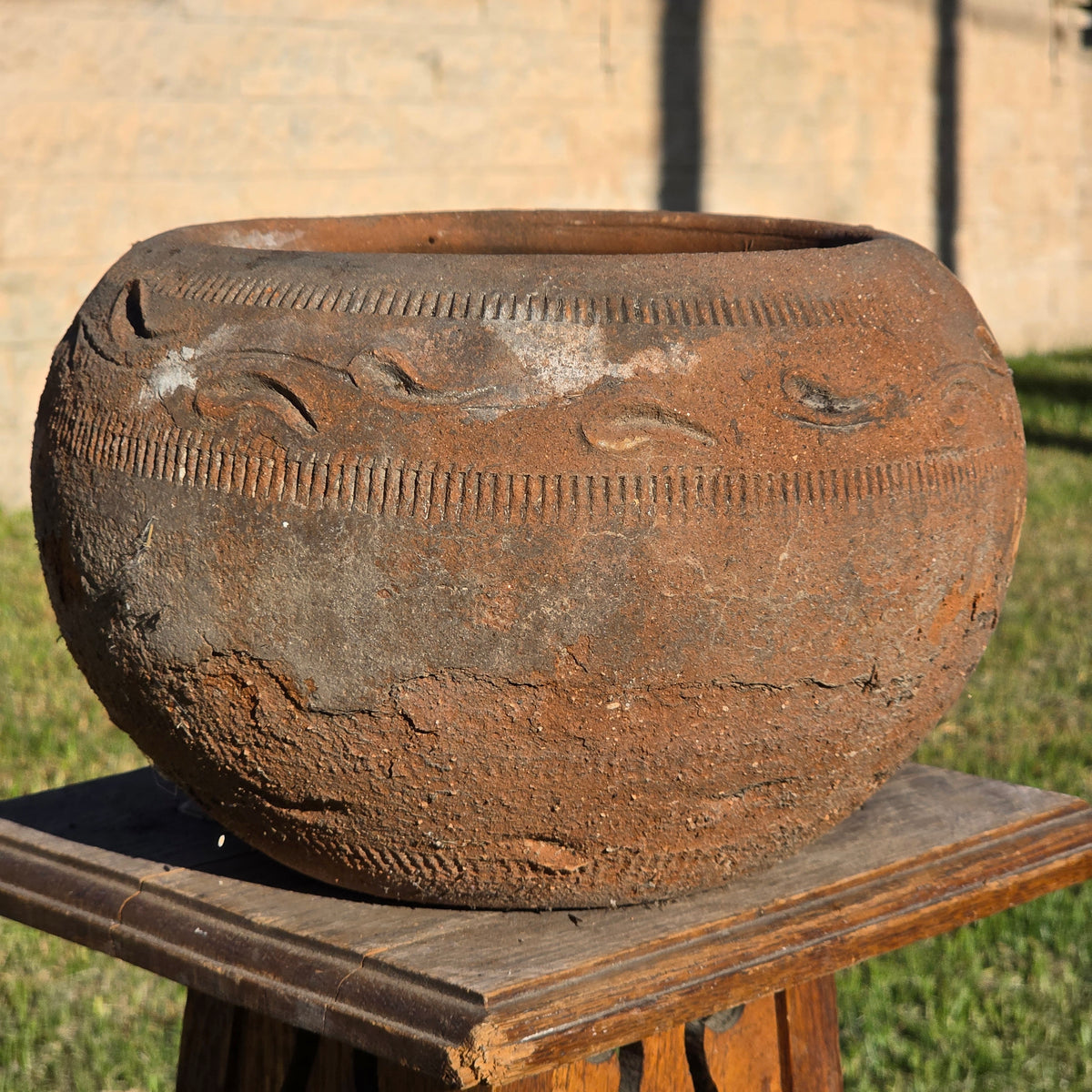 Vtg Mexican Style Terracotta Bowl Planter 11" Clay Wave Totem Garden Pot Heavy