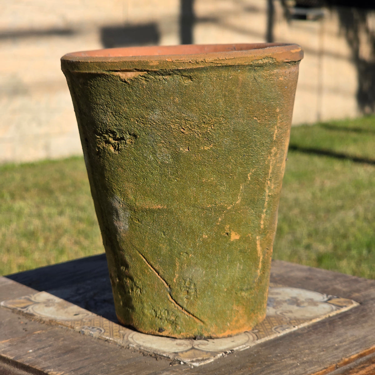 Vintage Terracotta Flower Pot 6" H Aged Moss Patina Rustic Clay Planter Orchid
