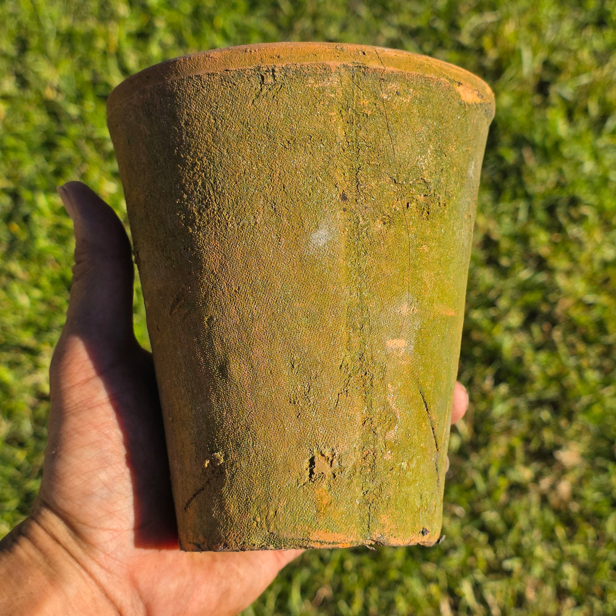 Vintage Terracotta Flower Pot 6" H Aged Moss Patina Rustic Clay Planter Orchid