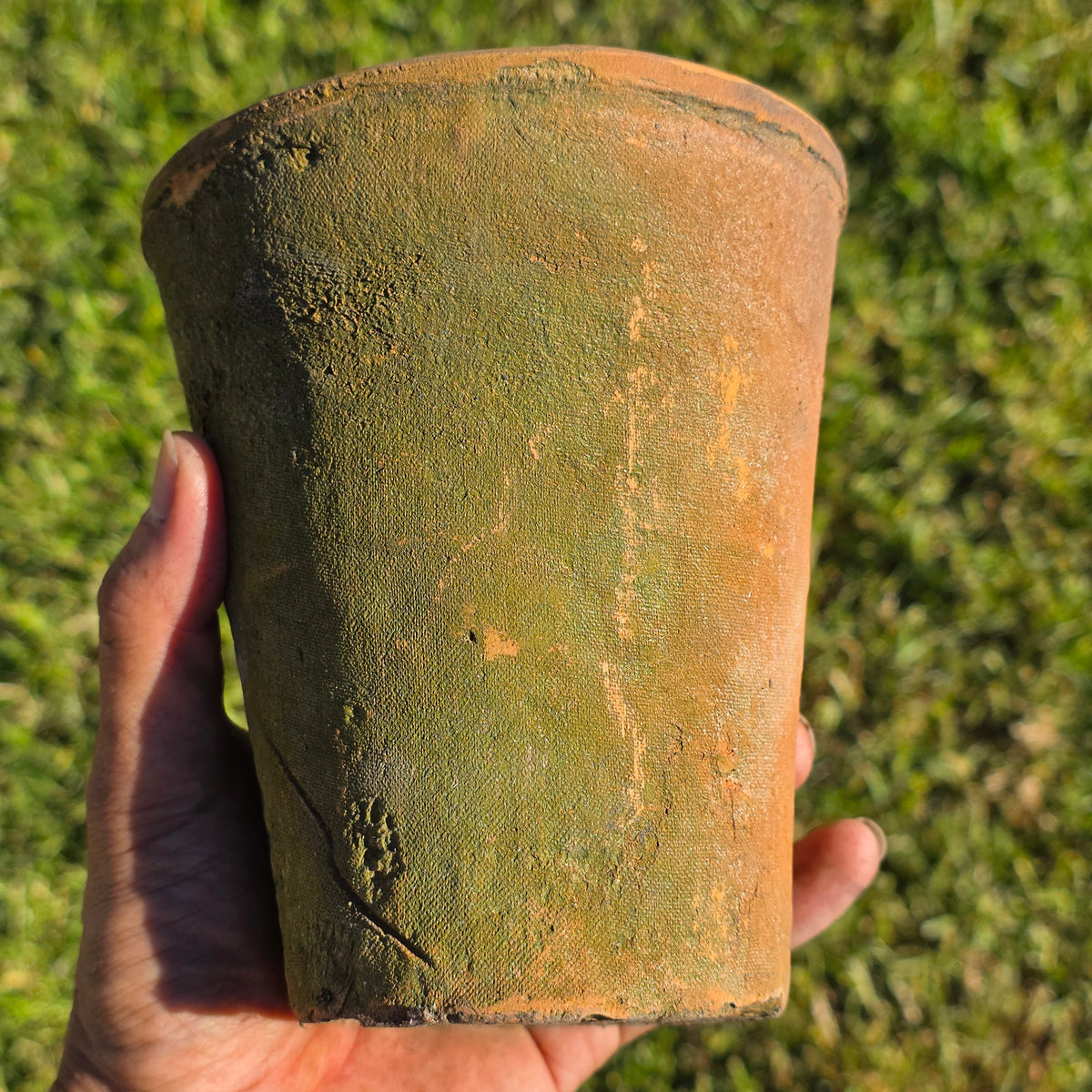 Vintage Terracotta Flower Pot 6" H Aged Moss Patina Rustic Clay Planter Orchid