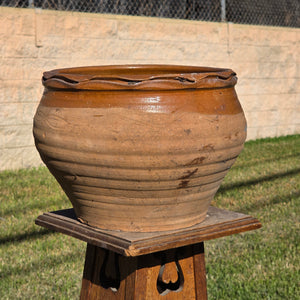 Vintage Studio Pottery Planter Terracotta Clay Pot Brown Glazed Ruffled Rim 14"