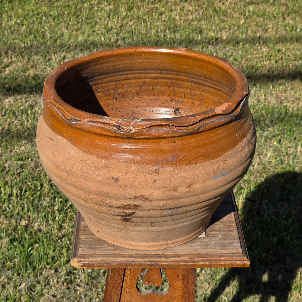 Vintage Studio Pottery Planter Terracotta Clay Pot Brown Glazed Ruffled Rim 14"