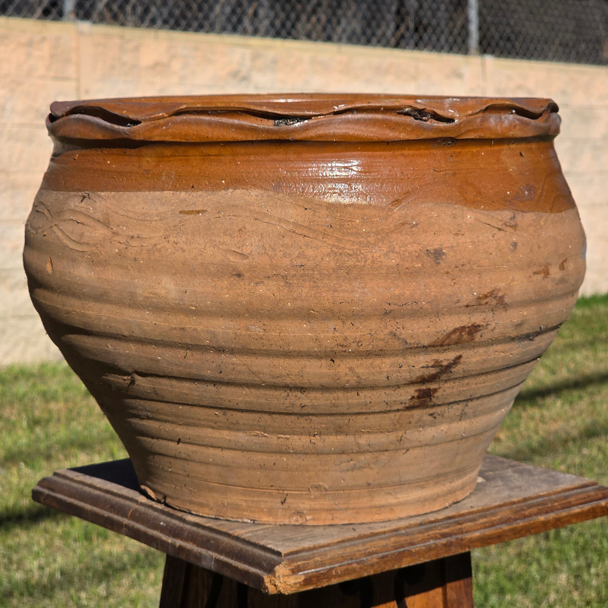 Vintage Studio Pottery Planter Terracotta Clay Pot Brown Glazed Ruffled Rim 14"