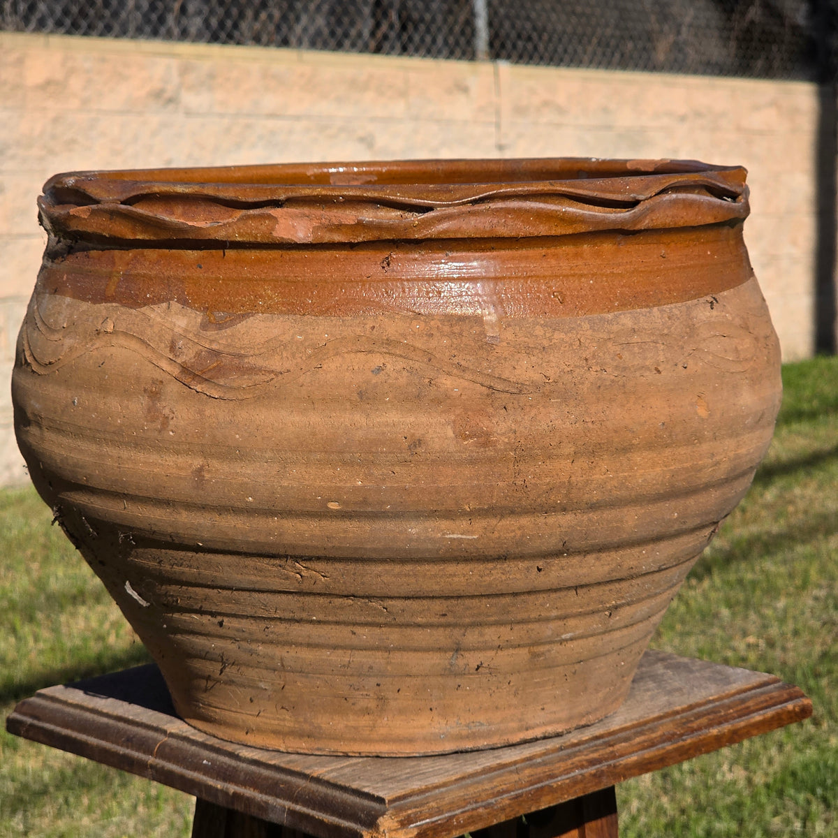 Vintage Studio Pottery Planter Terracotta Clay Pot Brown Glazed Ruffled Rim 14"
