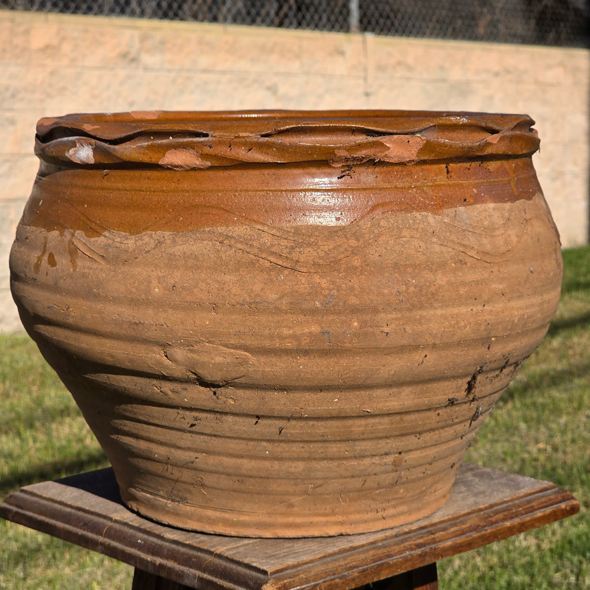 Vintage Studio Pottery Planter Terracotta Clay Pot Brown Glazed Ruffled Rim 14"