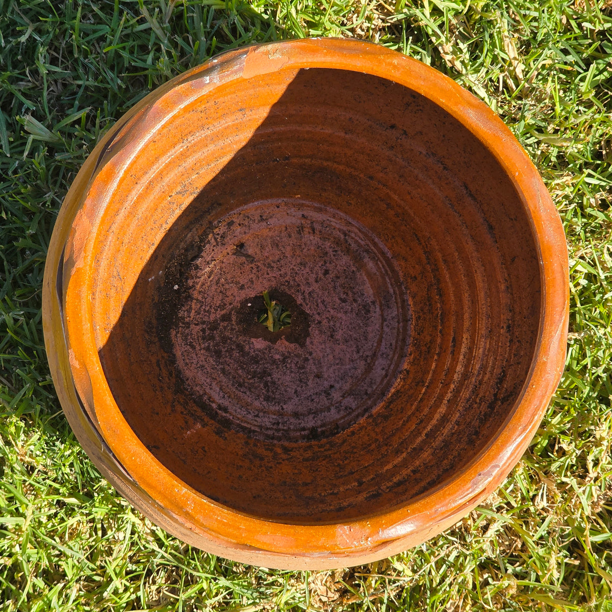 Vintage Studio Pottery Planter Terracotta Clay Pot Brown Glazed Ruffled Rim 14"