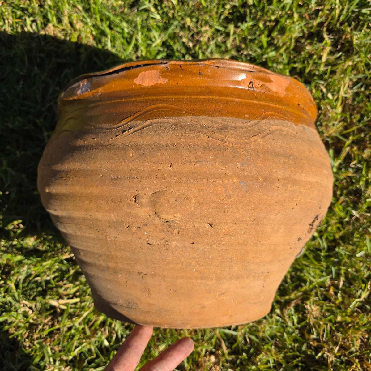 Vintage Studio Pottery Planter Terracotta Clay Pot Brown Glazed Ruffled Rim 14"