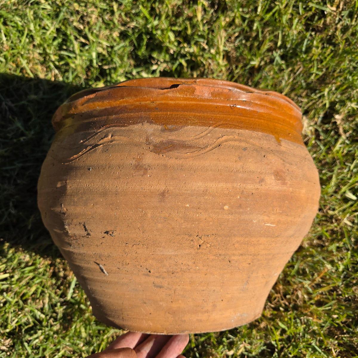 Vintage Studio Pottery Planter Terracotta Clay Pot Brown Glazed Ruffled Rim 14"
