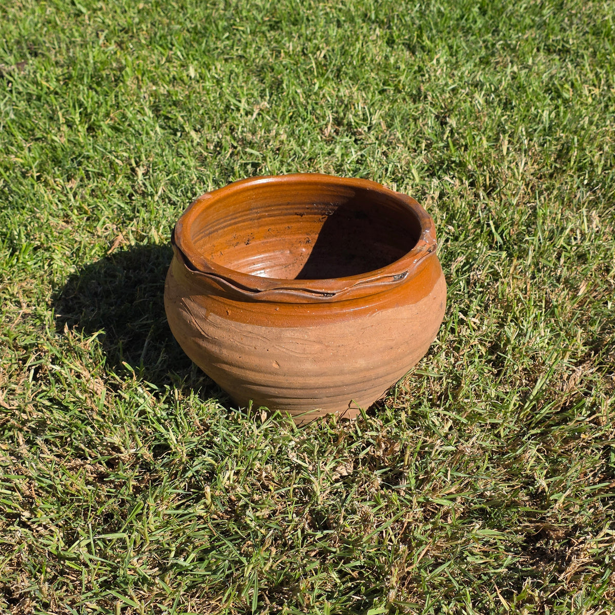 Vintage Studio Pottery Planter Terracotta Clay Pot Brown Glazed Ruffled Rim 14"