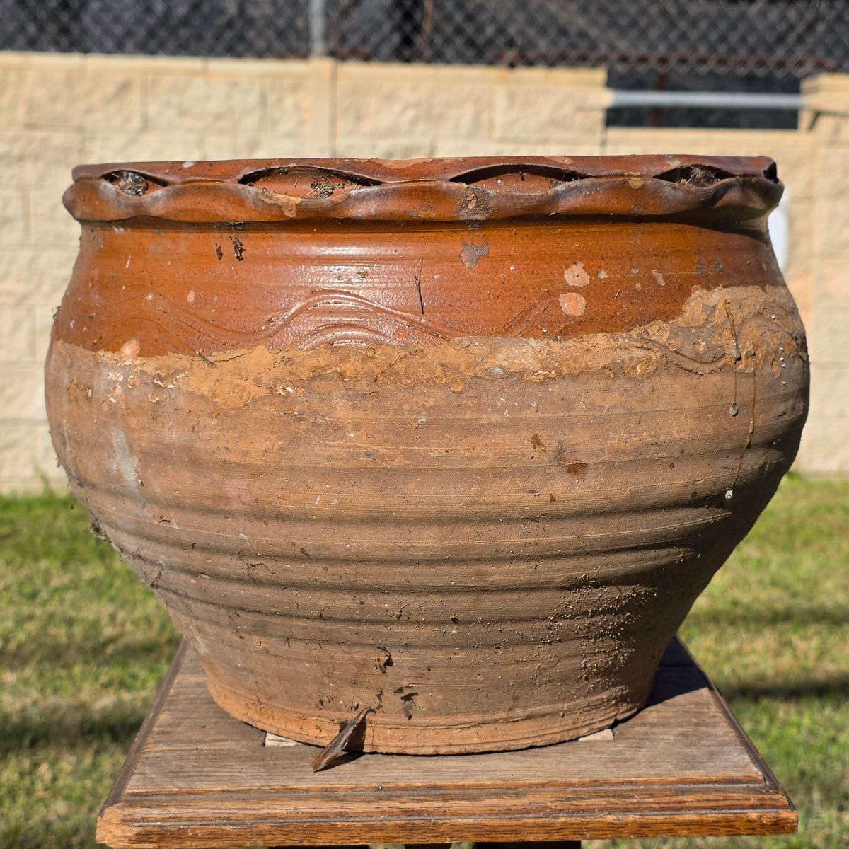 Vintage Studio Pottery Planter Terracotta Clay Pot Brown Glazed Ruffled Rim 14" (Copy)