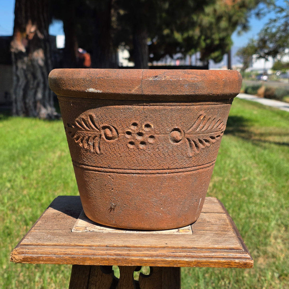 Vintage Mexican Terracotta Planter Clay Pot Relief Leaf Dot 10" Rustic Garden