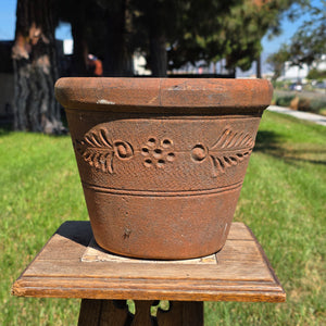 Vintage Mexican Terracotta Planter Clay Pot Relief Leaf Dot 10" Rustic Garden