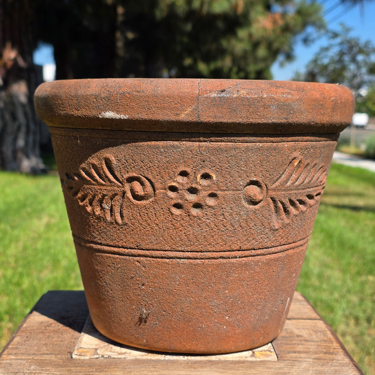 Vintage Mexican Terracotta Planter Clay Pot Relief Leaf Dot 10" Rustic Garden