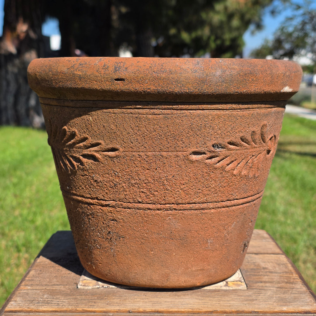 Vintage Mexican Terracotta Planter Clay Pot Relief Leaf Dot 10" Rustic Garden