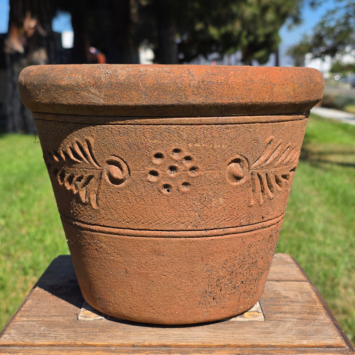 Vintage Mexican Terracotta Planter Clay Pot Relief Leaf Dot 10" Rustic Garden