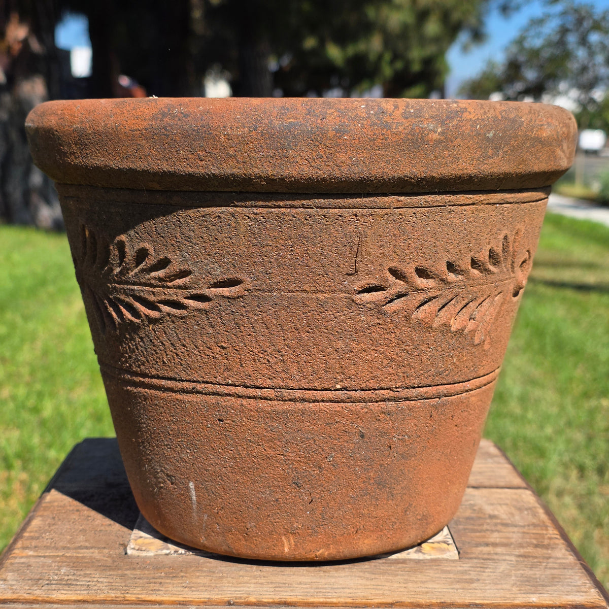 Vintage Mexican Terracotta Planter Clay Pot Relief Leaf Dot 10" Rustic Garden