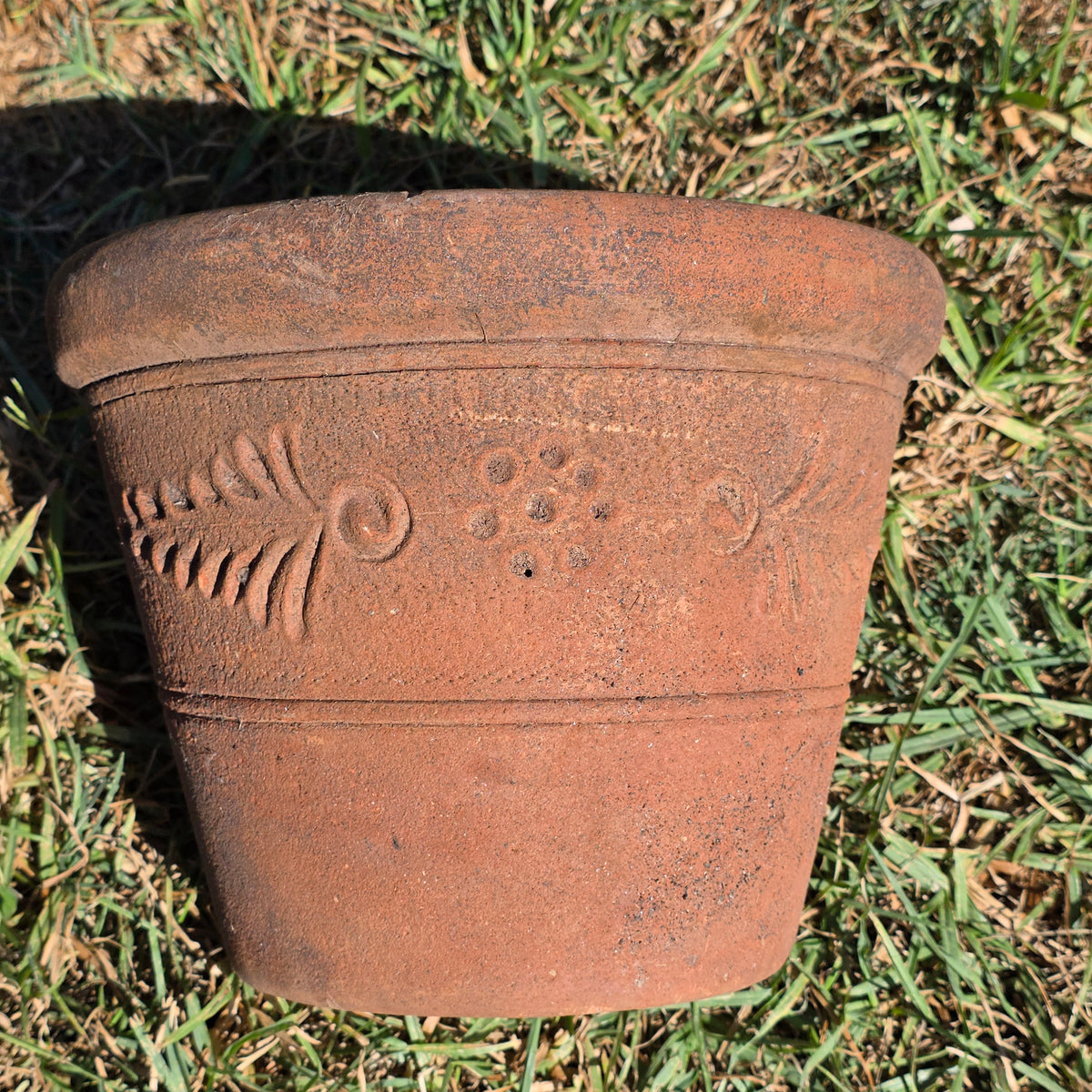 Vintage Mexican Terracotta Planter Clay Pot Relief Leaf Dot 10" Rustic Garden