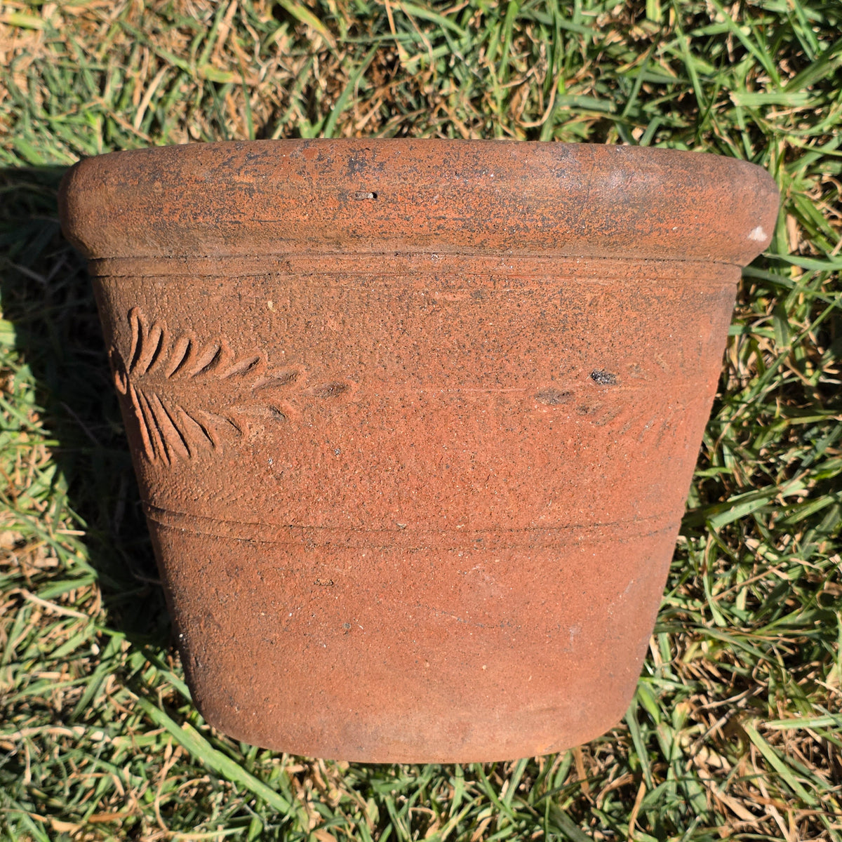 Vintage Mexican Terracotta Planter Clay Pot Relief Leaf Dot 10" Rustic Garden