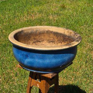 Vintage Large Blue Glazed Bonsai Pot 19" Round Ceramic Planter Succulent Bowl XL