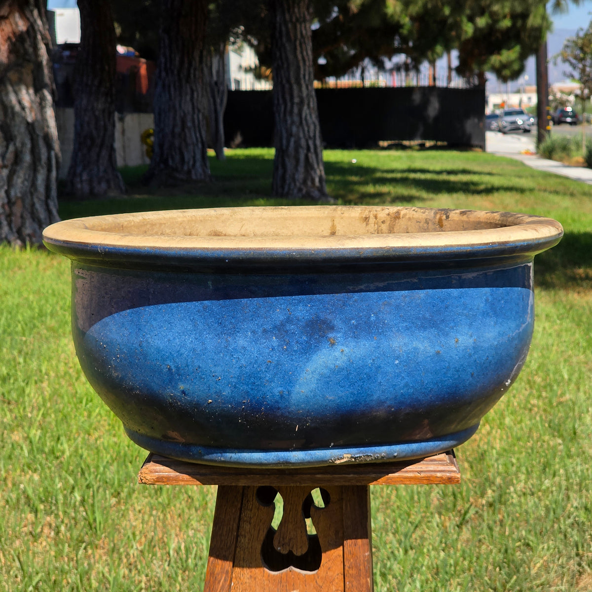 Vintage Large Blue Glazed Bonsai Pot 19" Round Ceramic Planter Succulent Bowl XL
