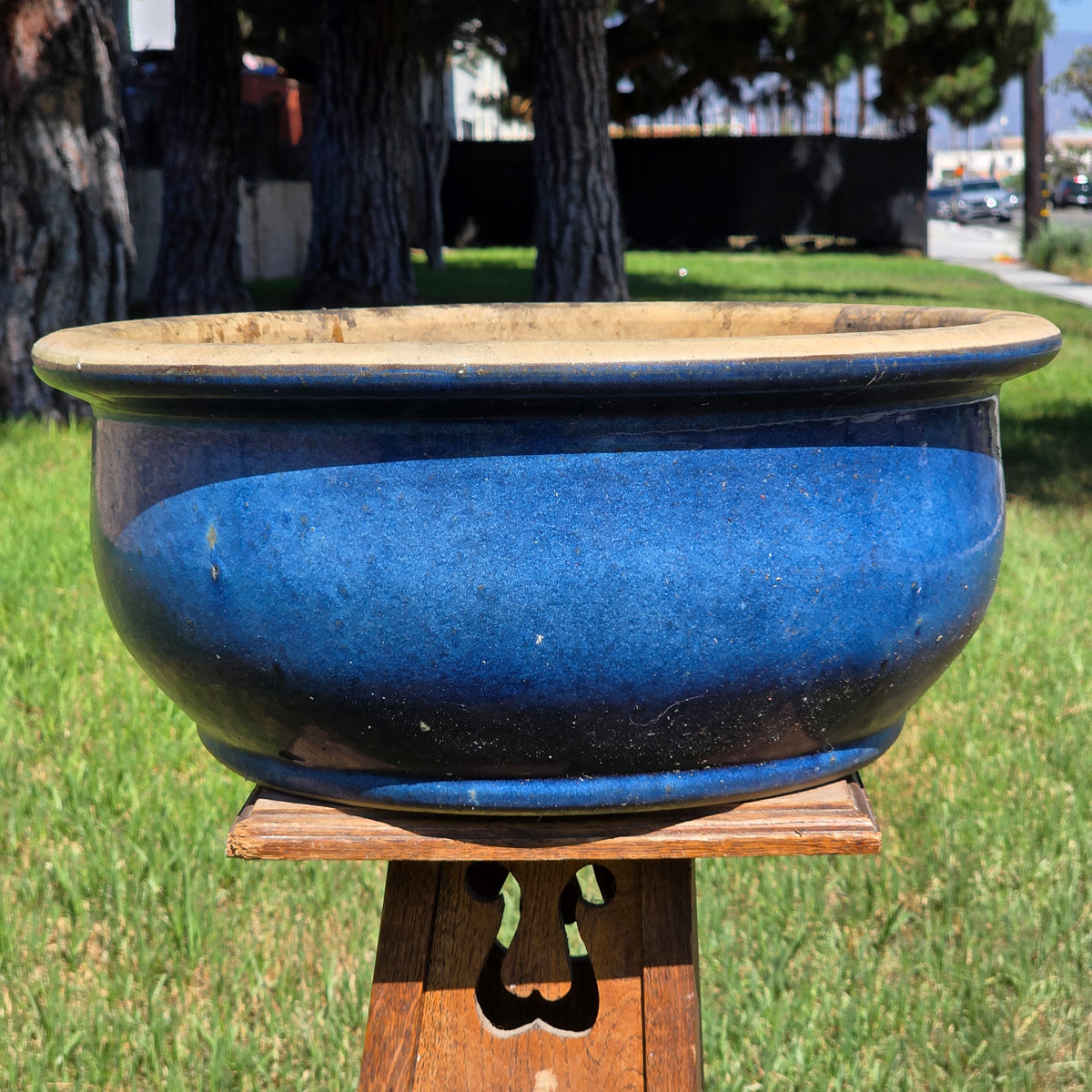 Vintage Large Blue Glazed Bonsai Pot 19" Round Ceramic Planter Succulent Bowl XL