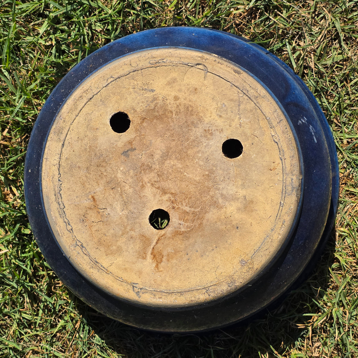 Vintage Large Blue Glazed Bonsai Pot 19" Round Ceramic Planter Succulent Bowl XL