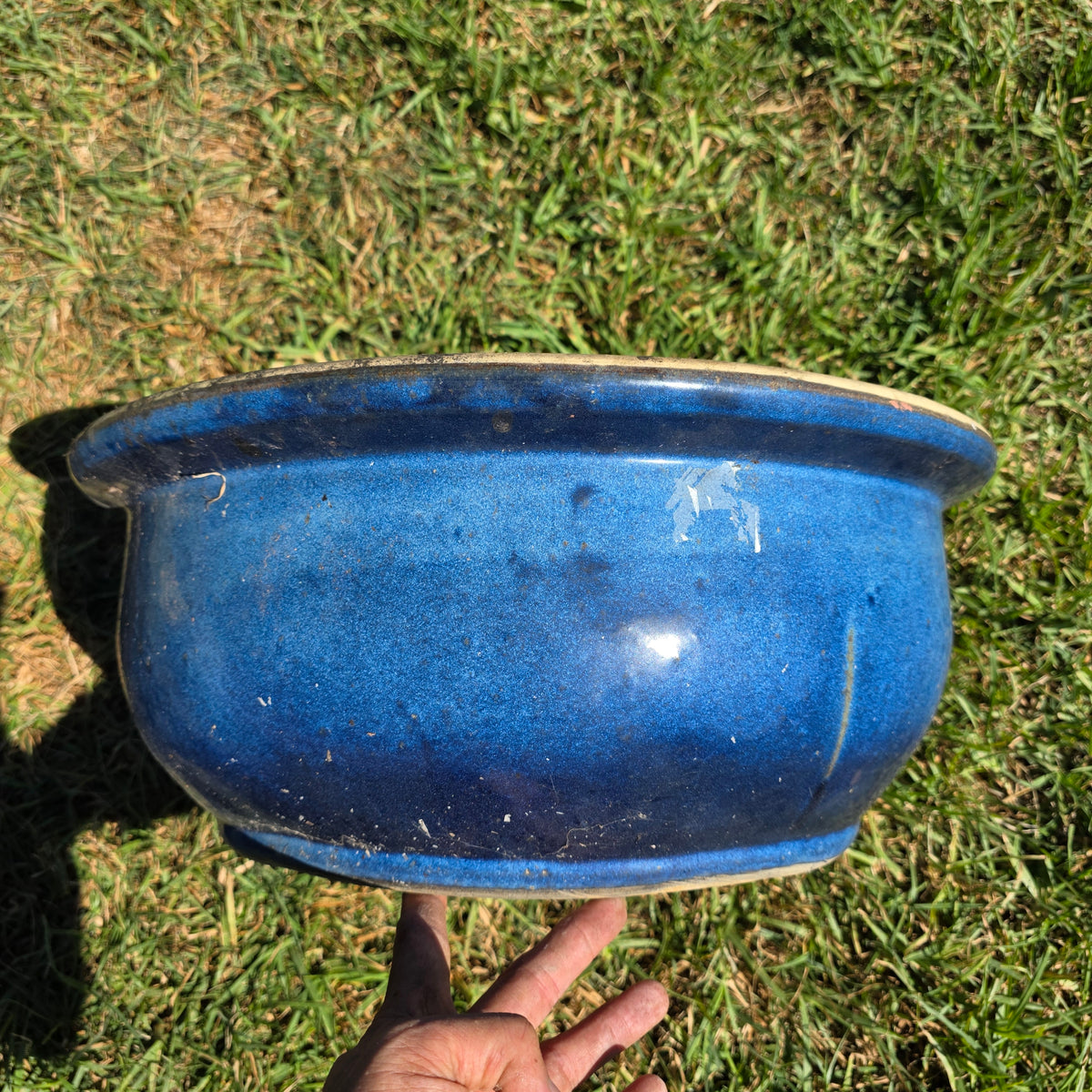 Vintage Large Blue Glazed Bonsai Pot 19" Round Ceramic Planter Succulent Bowl XL