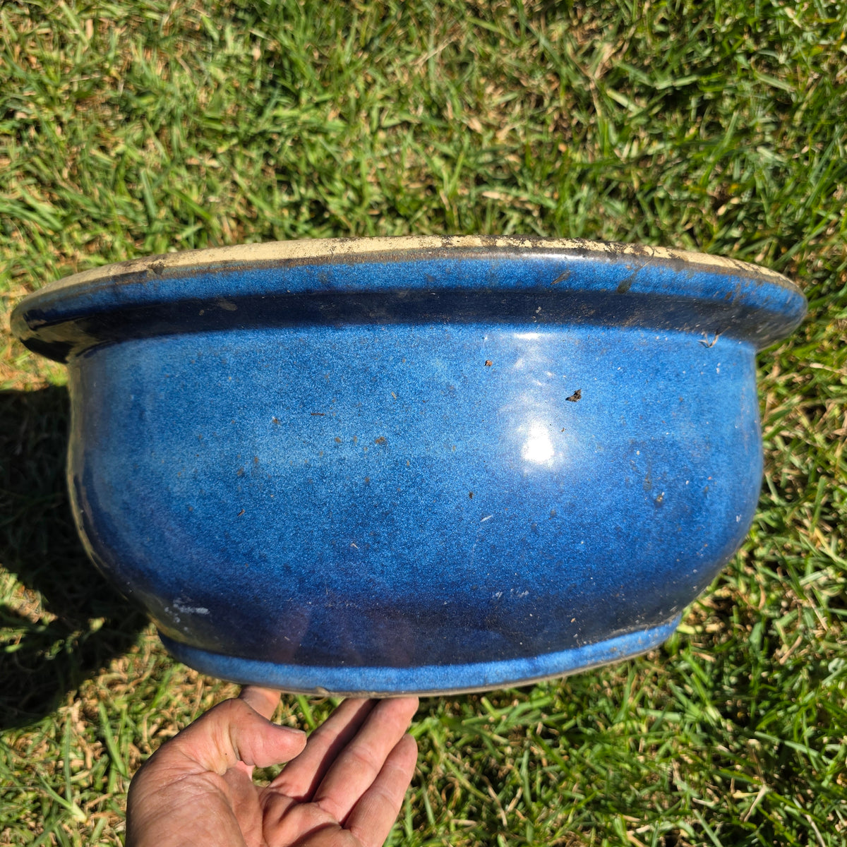 Vintage Large Blue Glazed Bonsai Pot 19" Round Ceramic Planter Succulent Bowl XL