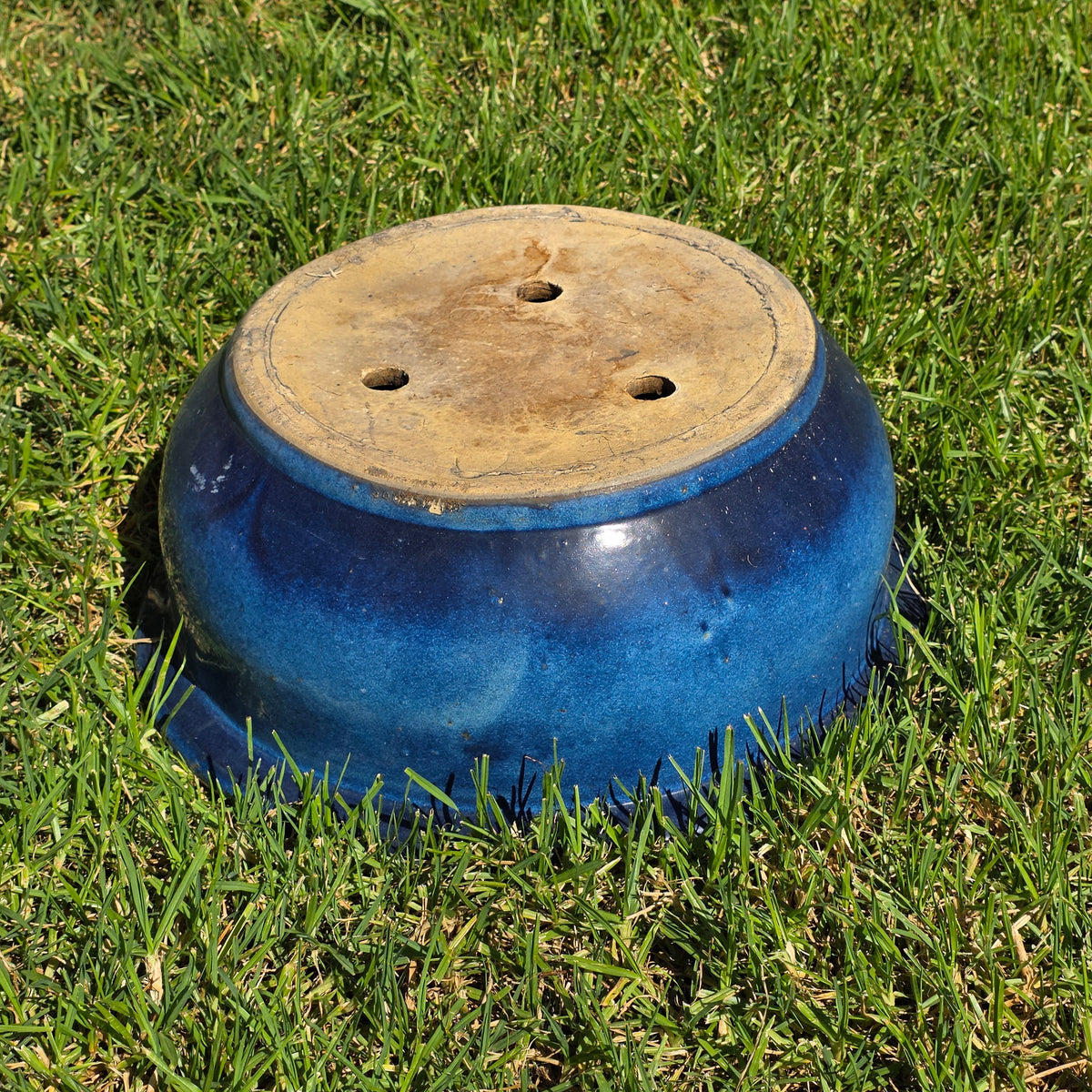 Vintage Large Blue Glazed Bonsai Pot 19" Round Ceramic Planter Succulent Bowl XL