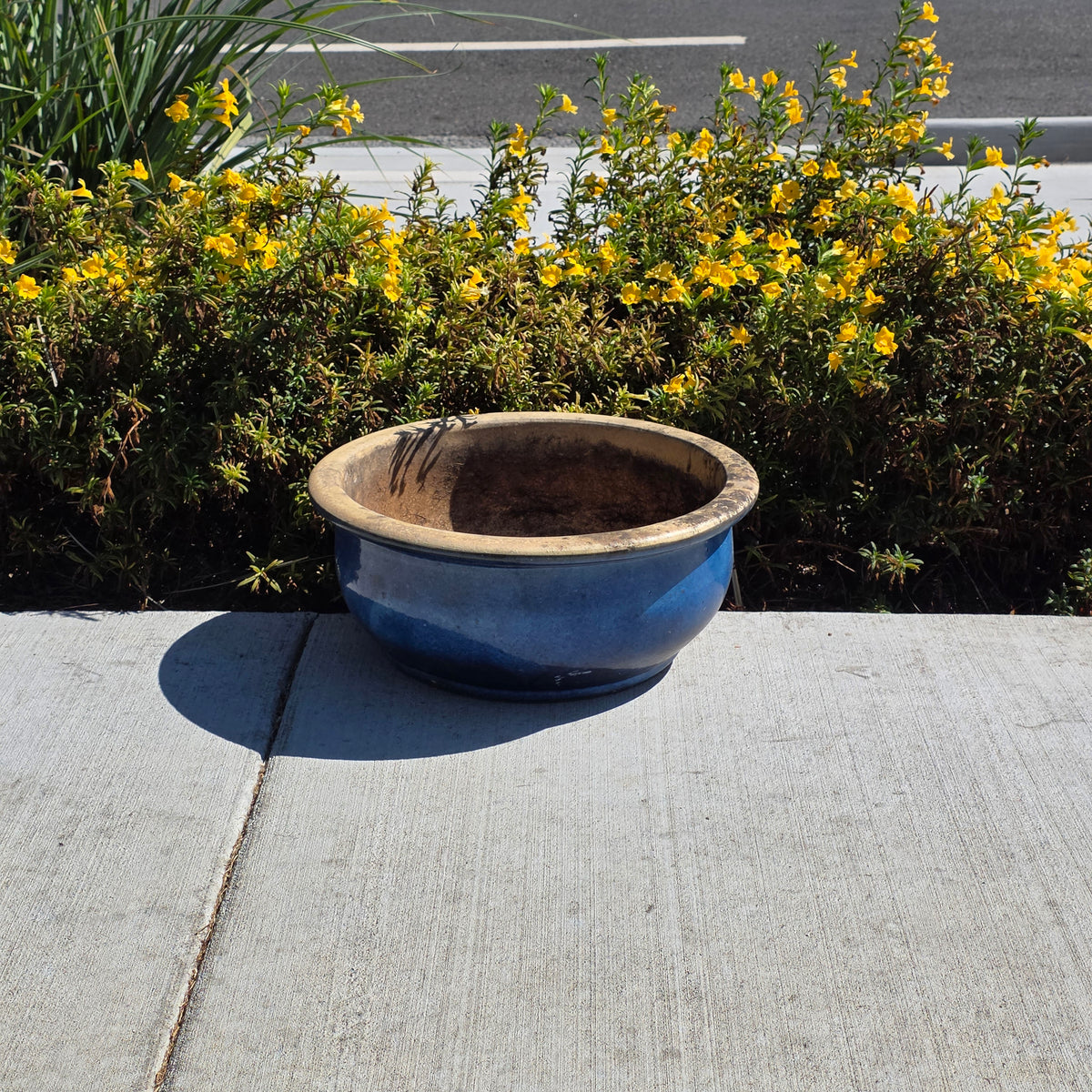 Vintage Large Blue Glazed Bonsai Pot 19" Round Ceramic Planter Succulent Bowl XL