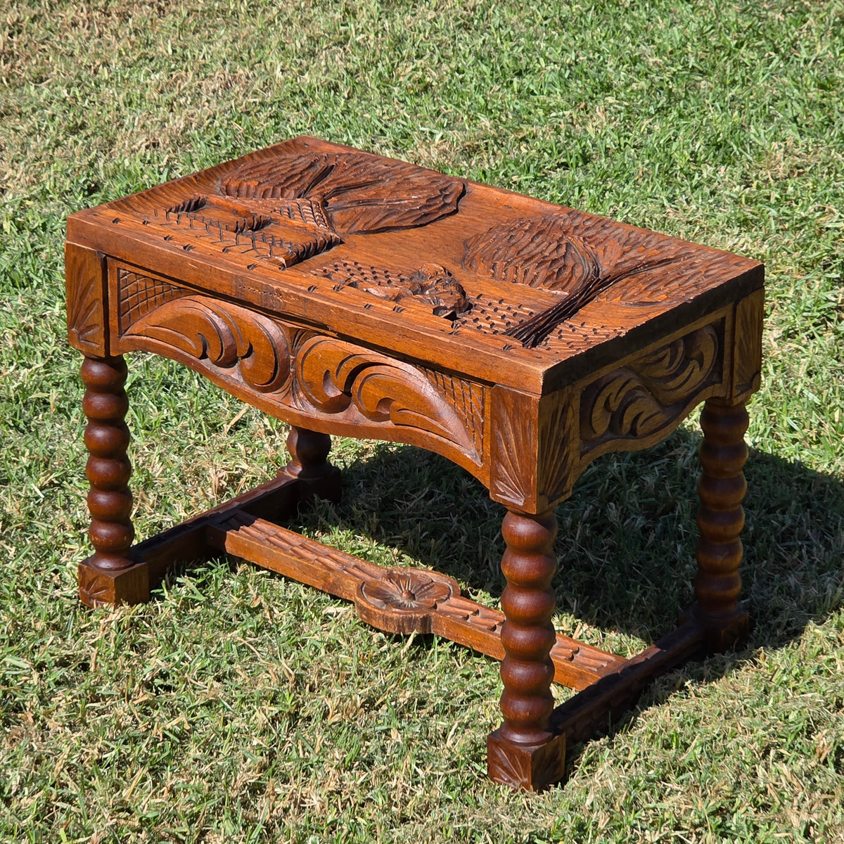 Vtg Black Forest Style Carved Wood Stool Table Bobbin Leg Footstool Bench 23"