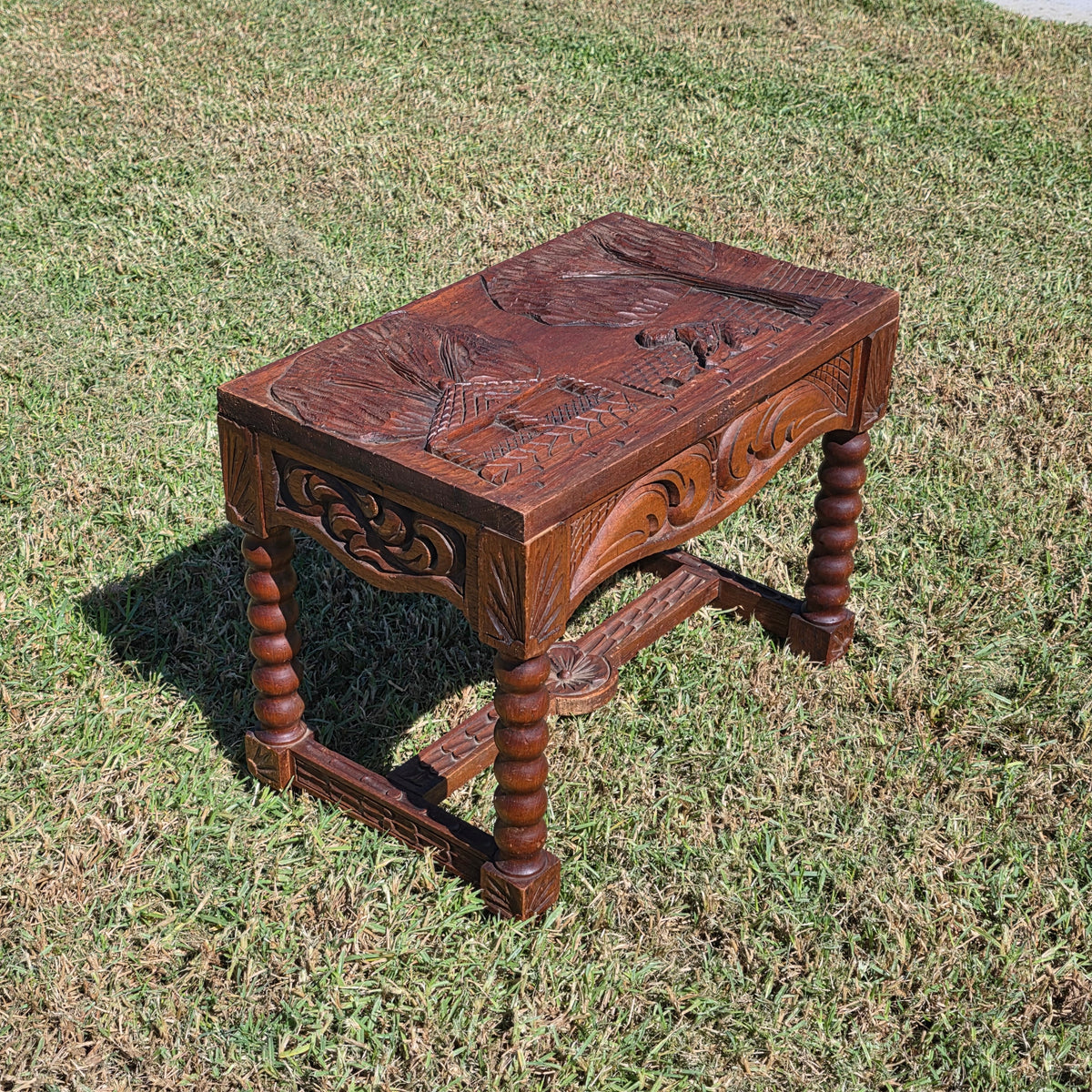 Vtg Black Forest Style Carved Wood Stool Table Bobbin Leg Footstool Bench 23"