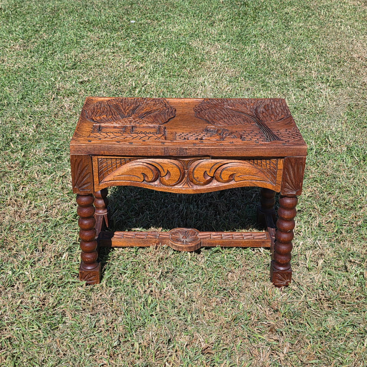 Vtg Black Forest Style Carved Wood Stool Table Bobbin Leg Footstool Bench 23"