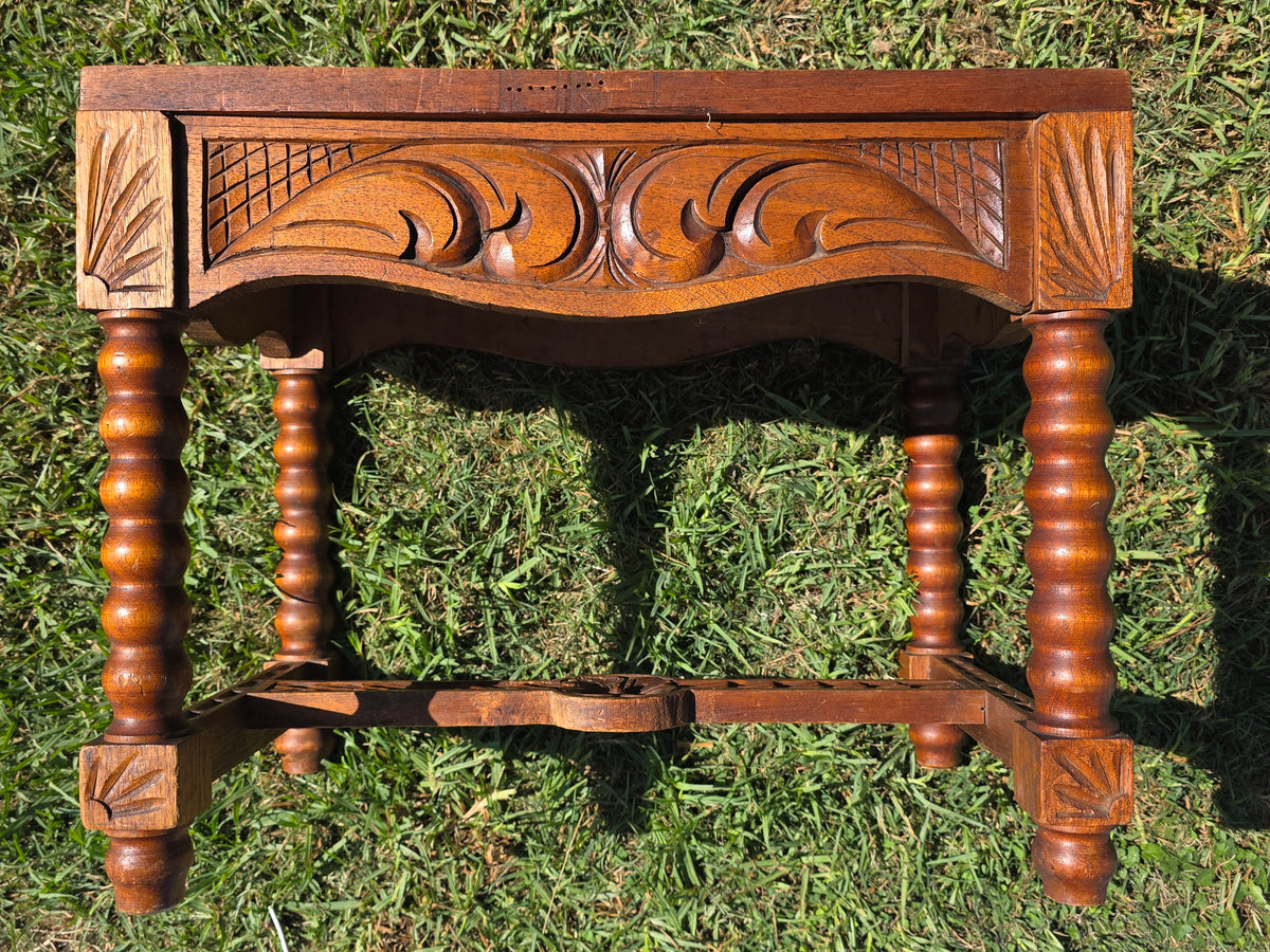 Vtg Black Forest Style Carved Wood Stool Table Bobbin Leg Footstool Bench 23"