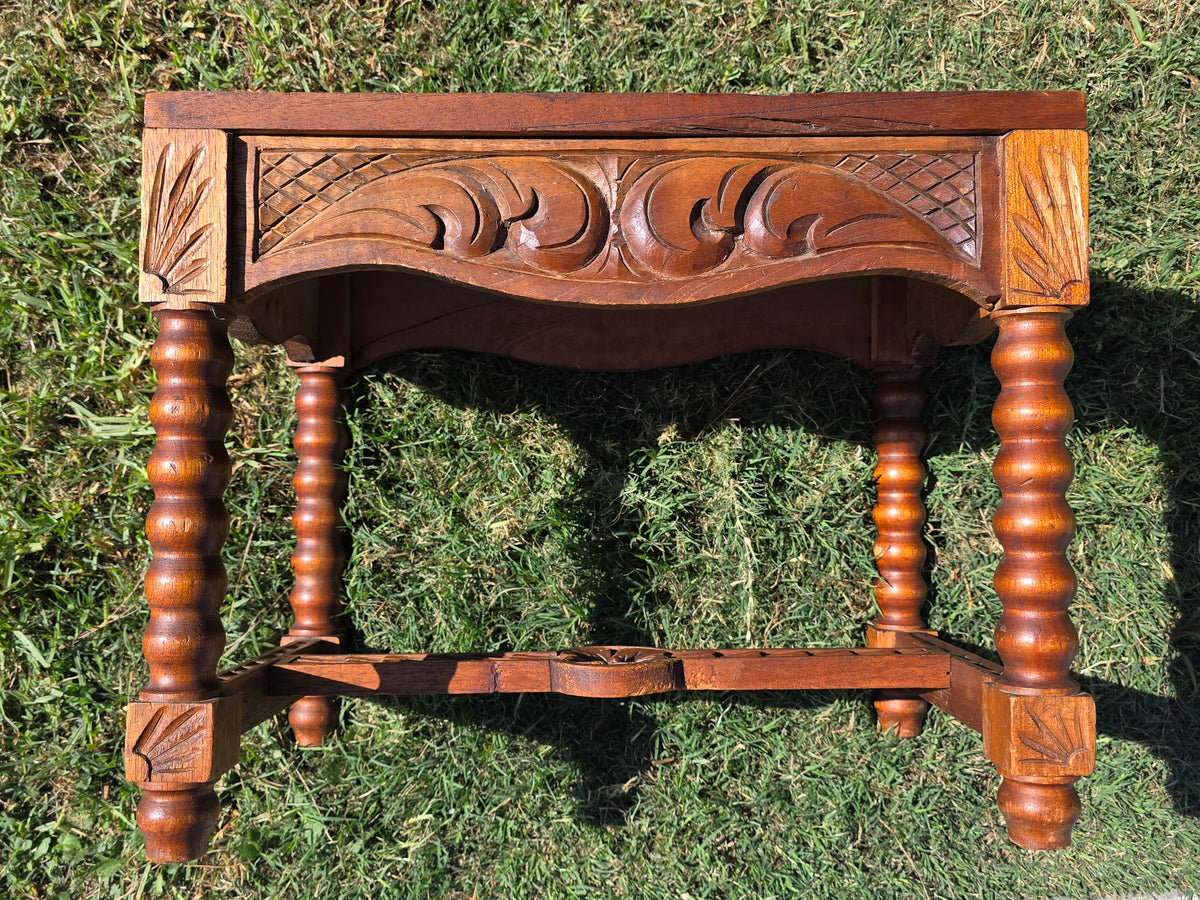 Vtg Black Forest Style Carved Wood Stool Table Bobbin Leg Footstool Bench 23"