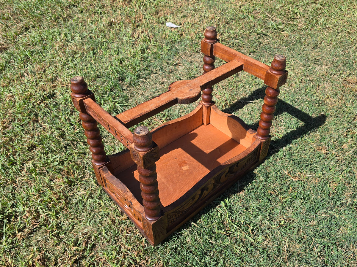 Vtg Black Forest Style Carved Wood Stool Table Bobbin Leg Footstool Bench 23"