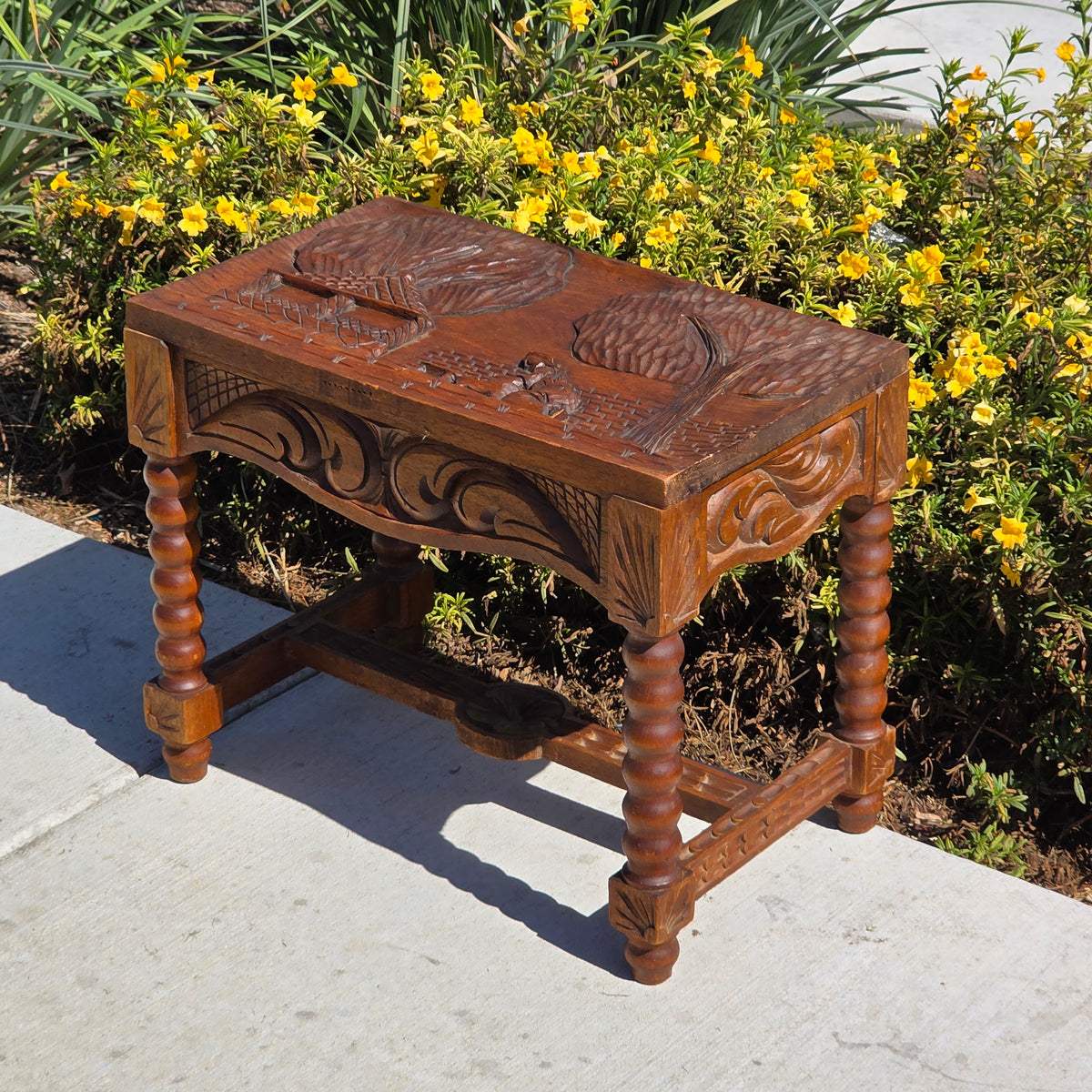 Vtg Black Forest Style Carved Wood Stool Table Bobbin Leg Footstool Bench 23"