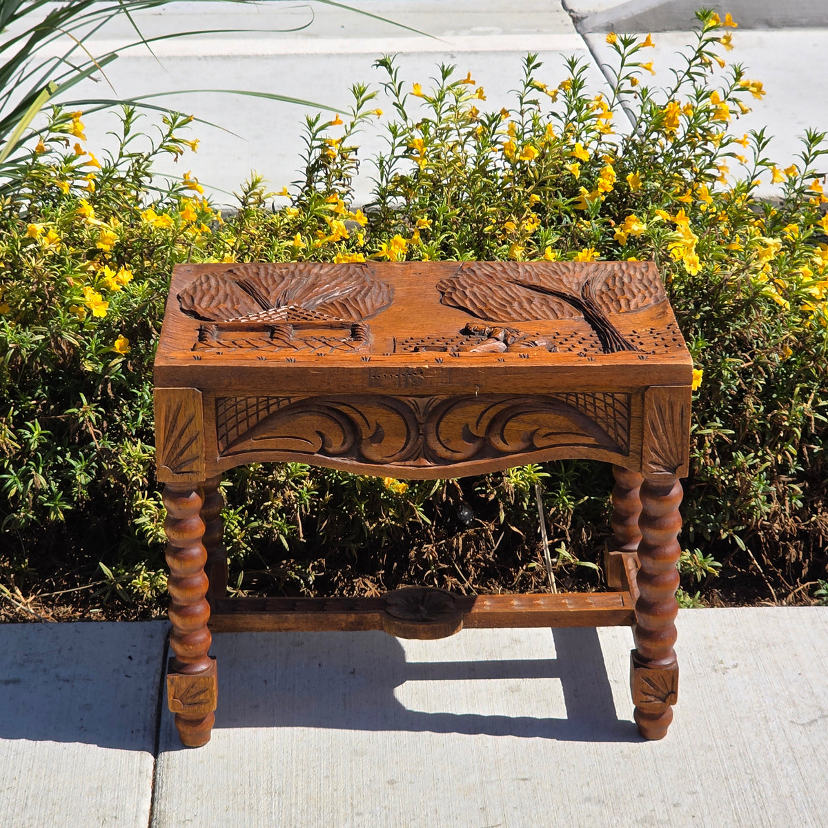 Vtg Black Forest Style Carved Wood Stool Table Bobbin Leg Footstool Bench 23"