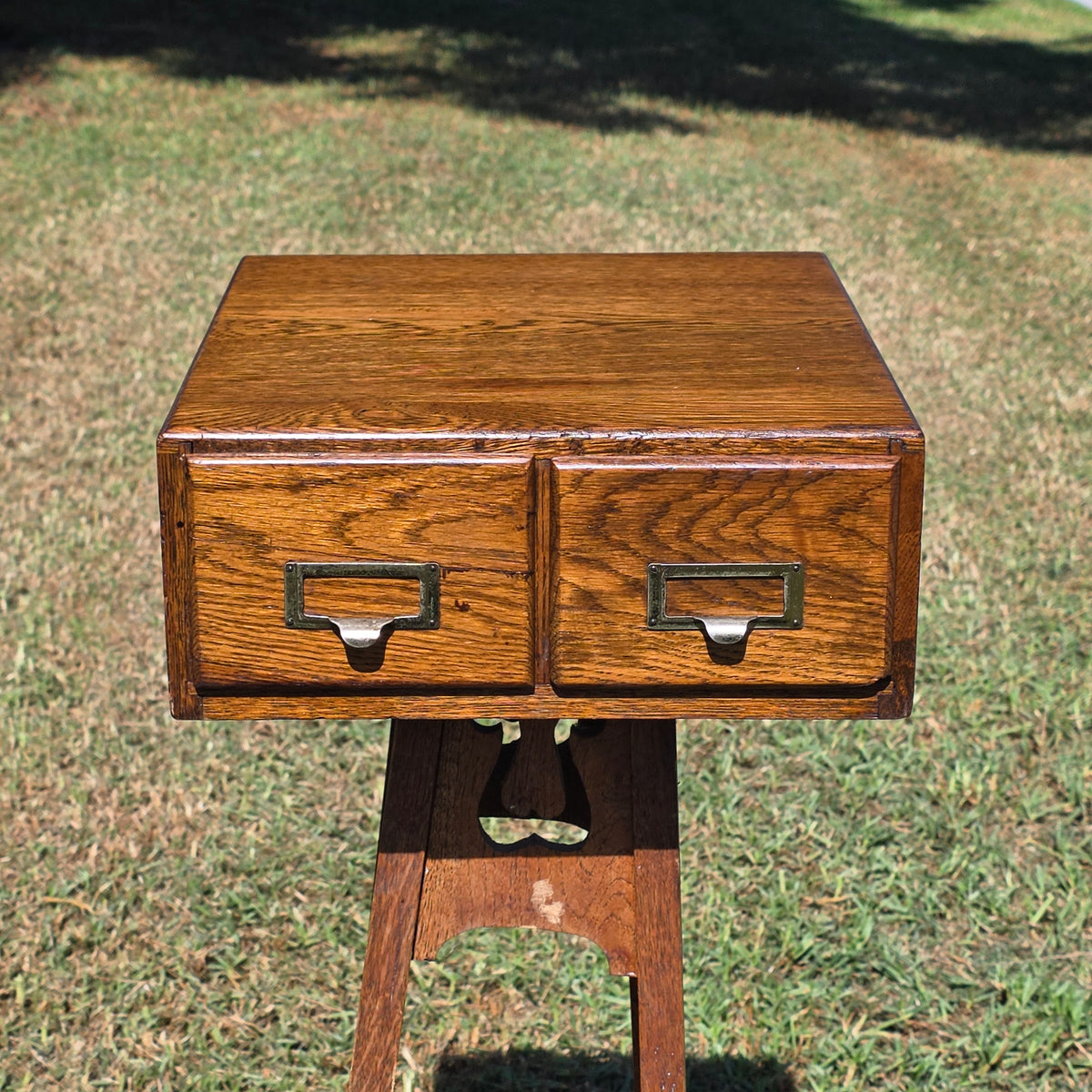 Antique Oak Card Catalog 2 Drawer Library File Box Desk Recipe Holder (Damage)