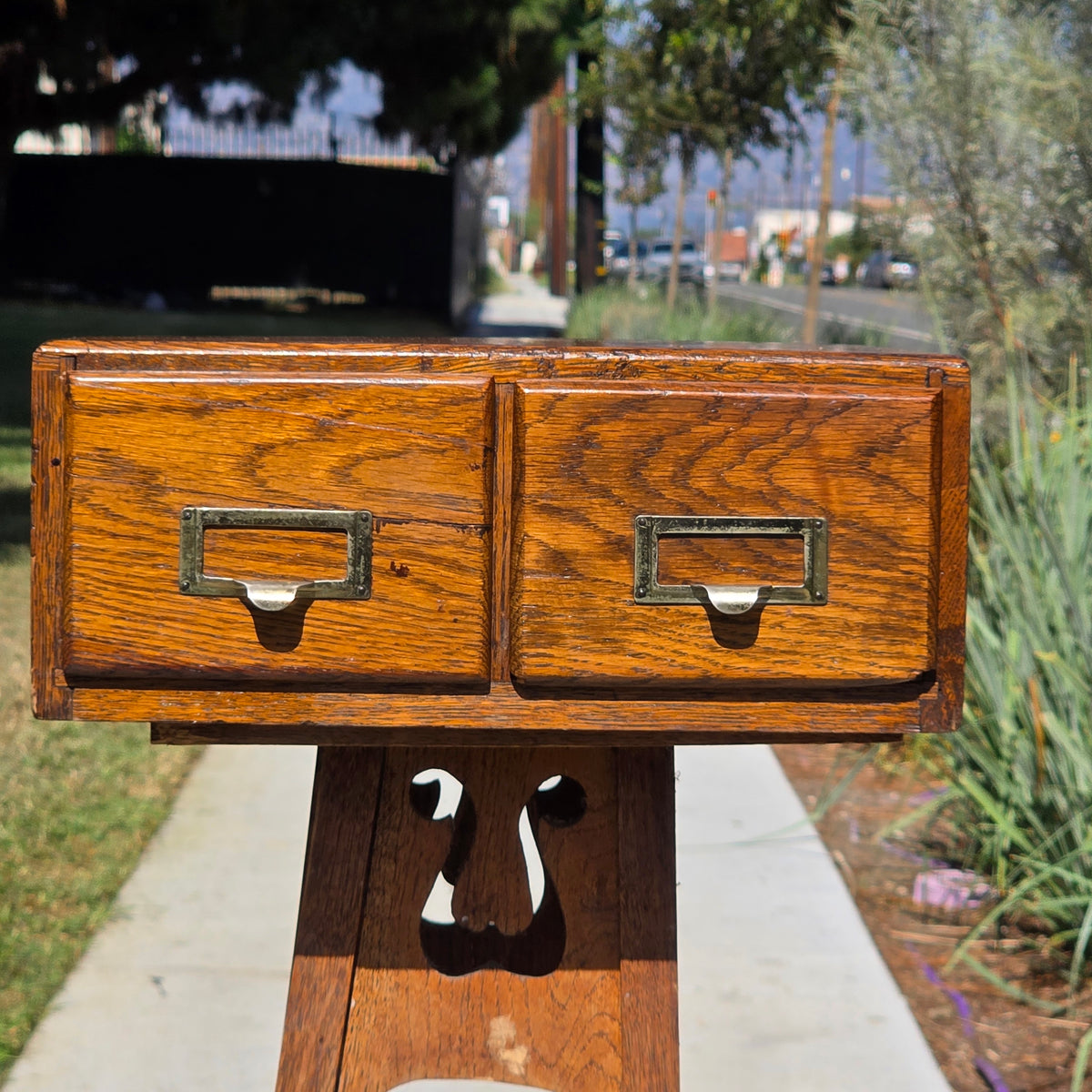 Antique Oak Card Catalog 2 Drawer Library File Box Desk Recipe Holder (Damage)
