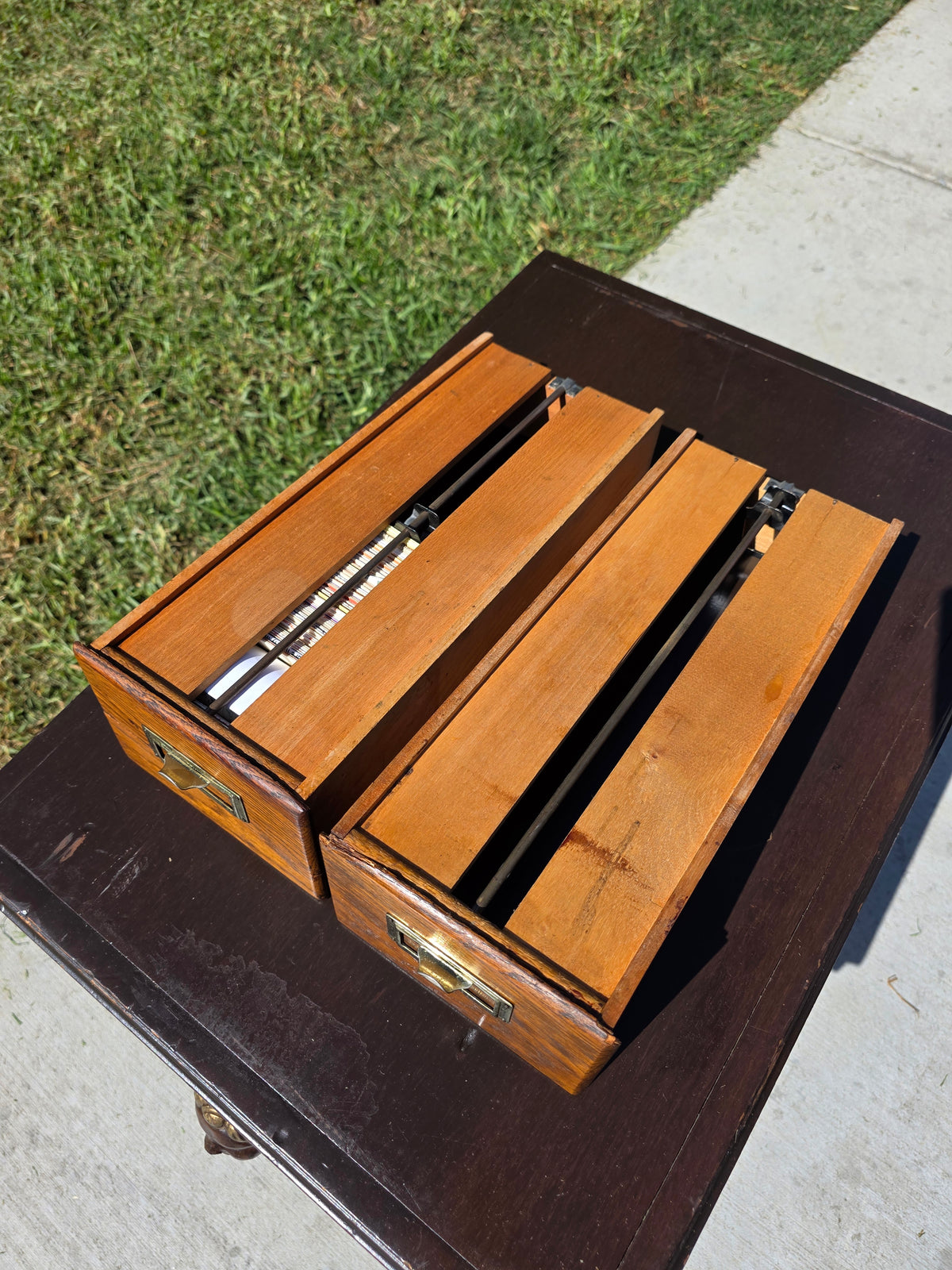 Antique Oak Card Catalog 2 Drawer Library File Box Desk Recipe Holder (Damage)