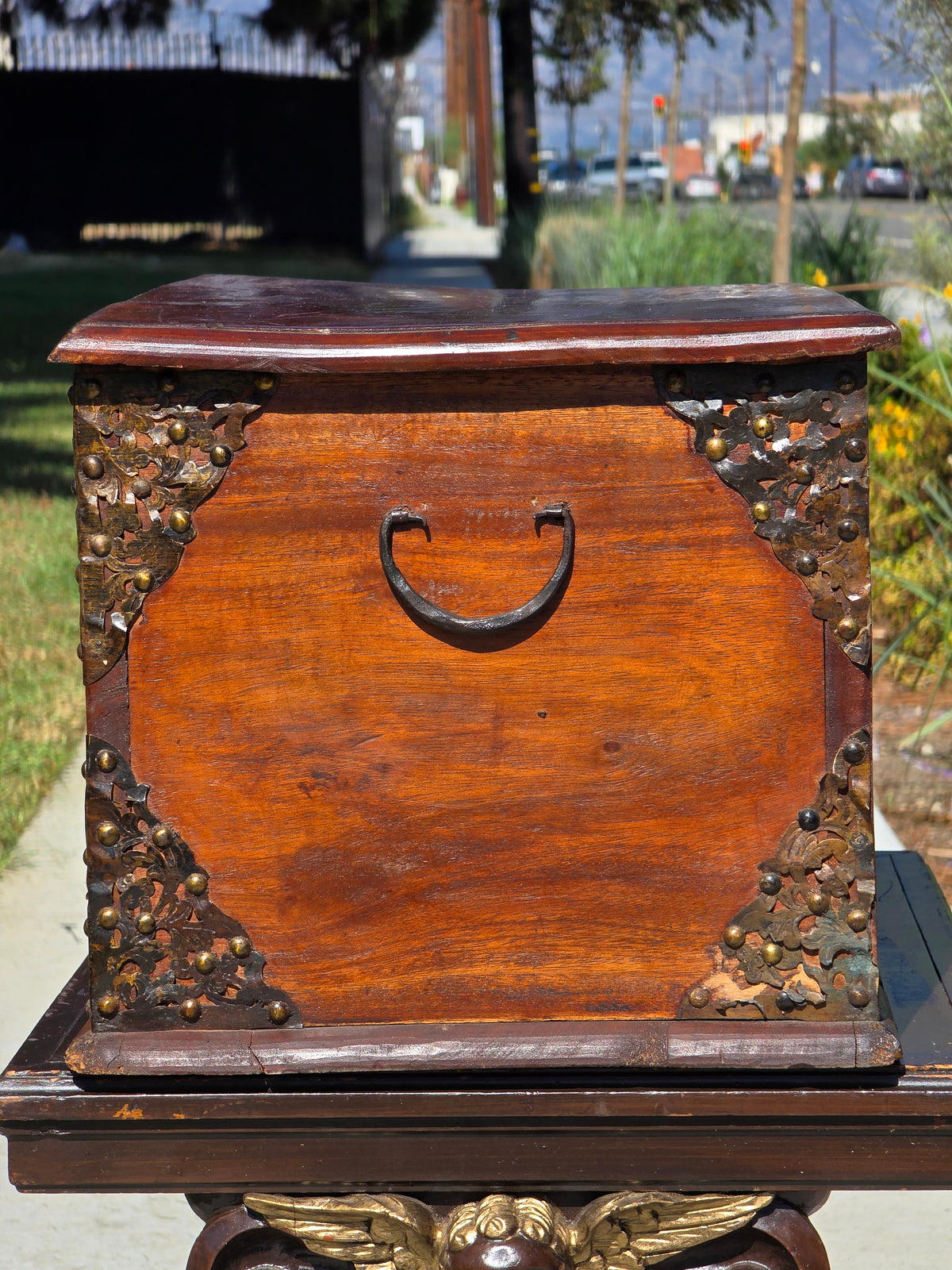 Antique Dutch Colonial Teak Wood Blanket Box Trunk Studded Brass Inlaid Chest